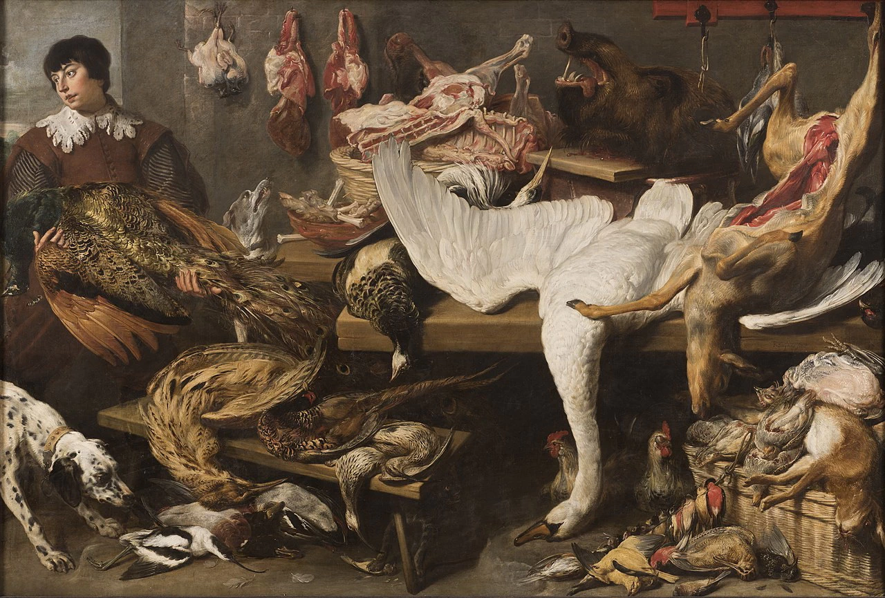 Uno sguattero con selvaggina e pollame disseminato su un tavolo - New York